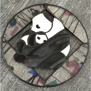 Vintage Tiffany Style Sun Catcher Stain Glass Panda Mom Baby In Original Box